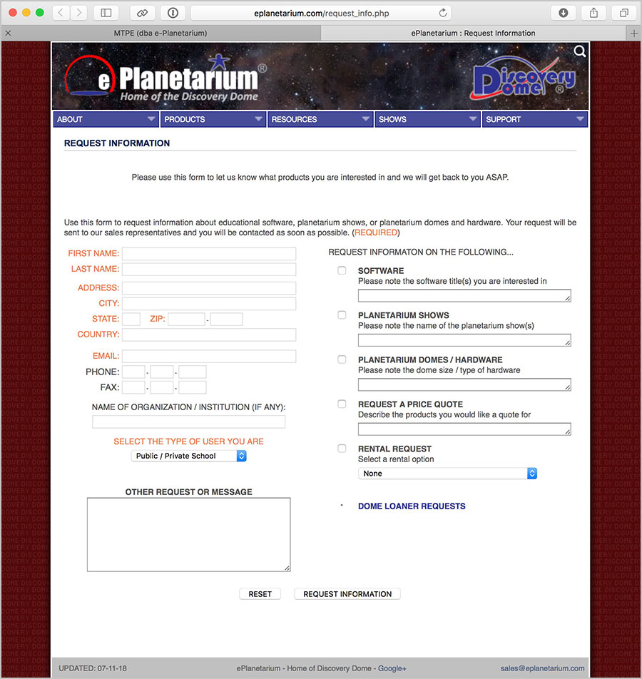 ePlanetarium info form